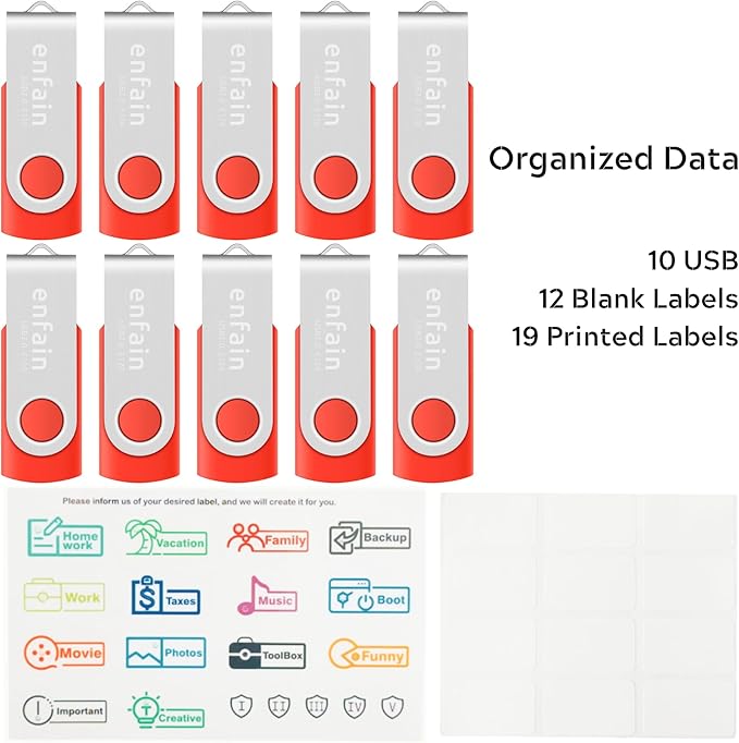 Enfain Red USB Flash Drive 16GB USB2.0 Memory Stick 10 PCS Thumb Drive Bulk Jump Drive Zip Drives, with Led Indicator, Plus 12 Removable Mark Labels (16 GB, Red, 10 Pack)