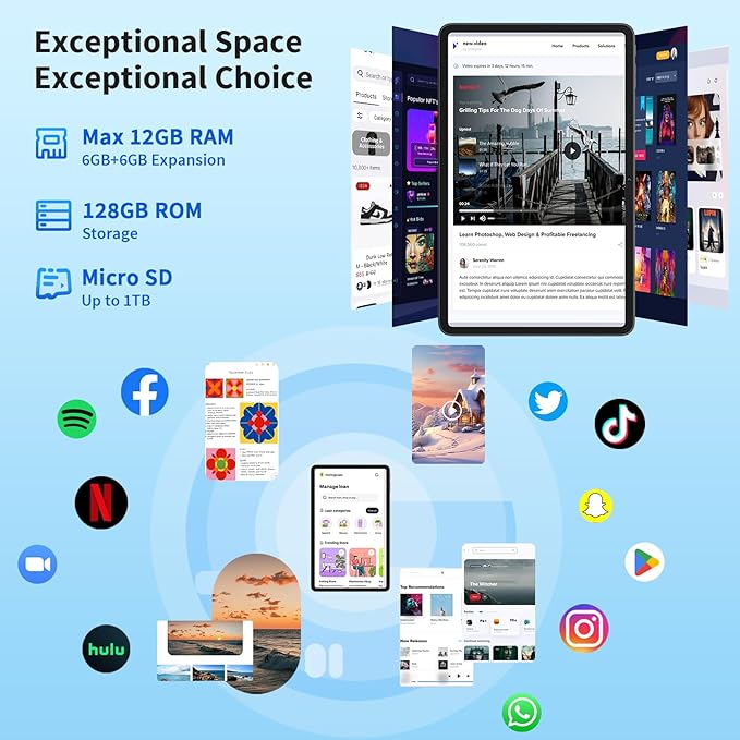 Android 14 Tablet with Keyboard, 12GB RAM (6+6), 128GB Storage, 1TB Expandable, 8000mAh Battery, 10 Inch 2-in-1 Tablets, Includes Case, Mouse & Stylus（Black）