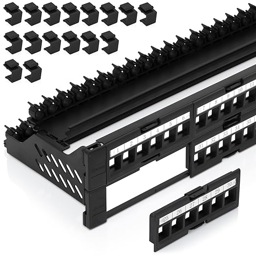 Everest 48 Port Keystone Patch Panel (1-Pack) - Removable 6-Port Panels - Use with Slim Profile Keystones ONLY (Wider Jacks May not fit Side by Side) - 16 Blank Keystone Jack Inserts Included