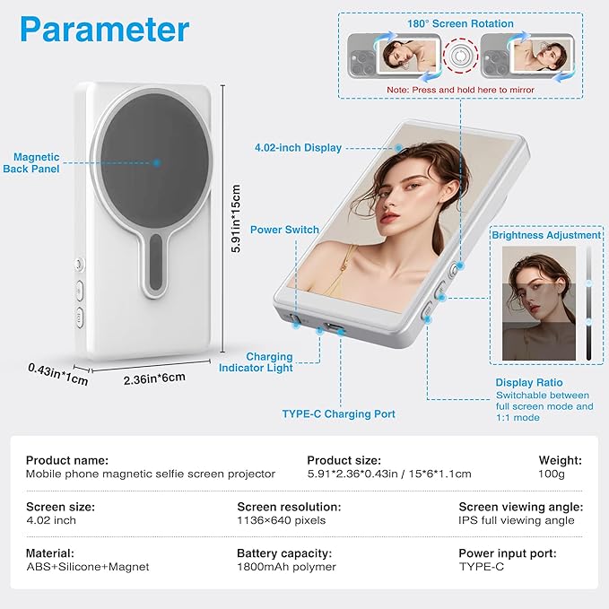 Selfie Monitor Screen Phone- Magnetic Phone Vlog Back Camera Selfie Monitor - 1080P Display can Wirelessly Connect to Mobile Phones - Selfie Screen Compatible with iPhone & Android (White)
