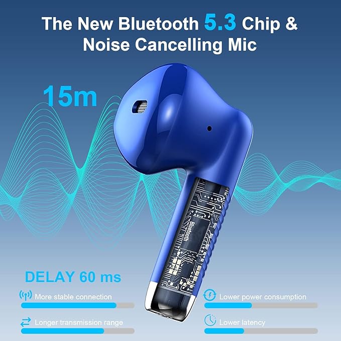 Wireless Earbuds, Bluetooth 5.4 Earbuds Stereo Bass, Bluetooth Headphones in Ear Noise Cancelling Mic, Earphones IP7 Waterproof Sports, 32H Playtime USB C Charging Case Blue Ear Buds for Android iOS