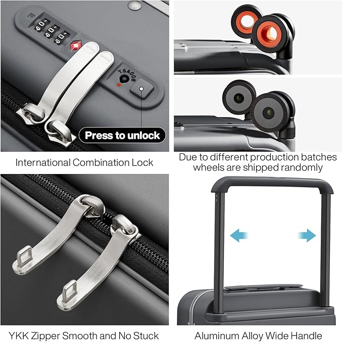 mixi Checked Luggage Wide Handle Luxury Design Rolling Travel Suitcase PC Hardside with Aluminum Frame Hollow Spinner Wheels, with Cover, 24 inch, Rock Grey