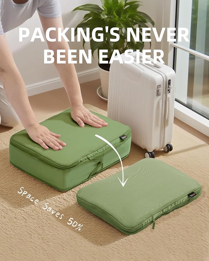 6 Set Compression Packing Cubes for Travel, Large Medium Small Luggage Organizers (Forest Green)