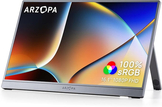 ARZOPA 16.1" Portable Monitor Gray, 100% sRGB FHD 1080P Kickstand Portable Laptop Monitor High Color Gamut Display IPS Eye Care Screen for High-end Office & Entertainment -Z1C Gray