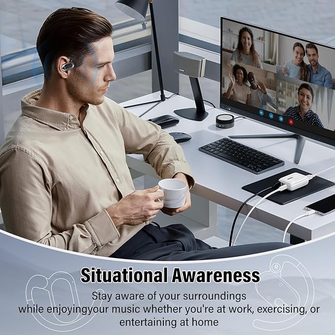 Open Ear Headphones, Bluetooth 5.4 Earphones 36H Playtime Air Conduction Headphones with Mic, Adjustable Earhook Earbuds with ENC Clear Calls/LED Display, IPX7 Waterproof Open Ear Earbuds Black