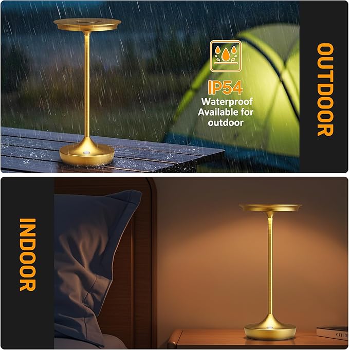 2 Pack LED Rechargeable Cordless Table Lamps, Portable Outdoor Battery Operated Table Light 3 Color Stepless Dimming Table Lamp with Memory Function for Patio Restaurant Dining Room Gold