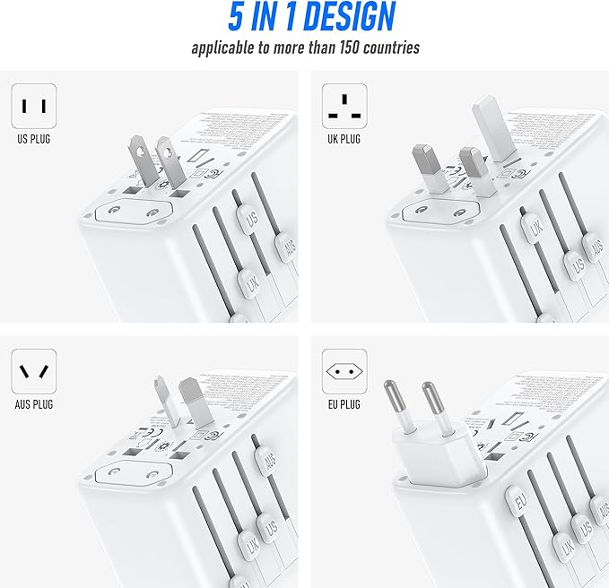 Travel Plug Adapter, 65W Fast GaN Travel Charger, International Plug Adapter with 3 USB-C PD and 1 USB-A QC with US/EU/UK/AU Convenient for iPhone,Samsung,Laptops