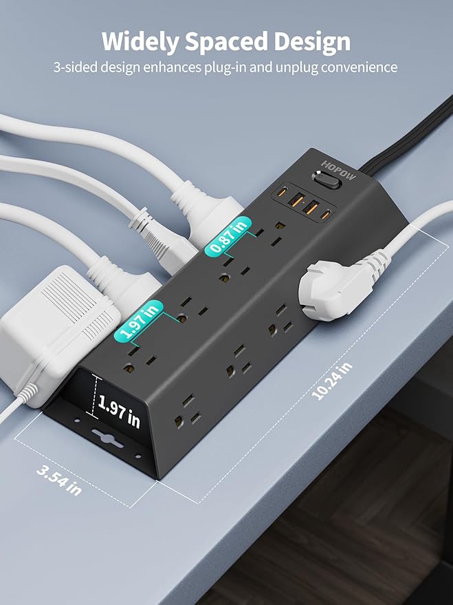12 Outlets Surge Protector Power Strip, HOPOW 5FT Flat Plug Extension Cord with 12 AC Outlets & 4 USB Ports (2 USB C), 1700 Joules, Desk Charging Station for Home Office Room, Black