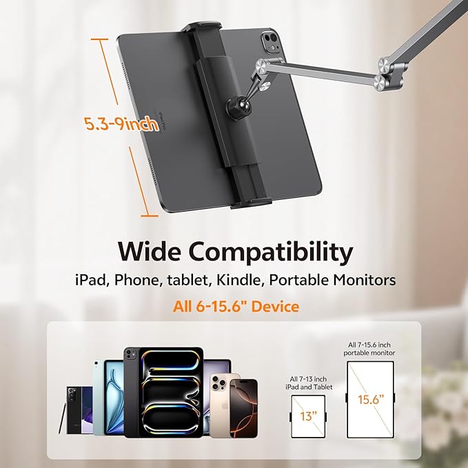 Tablet Stand iPad Phone Holder for Desk, Heavy Duty Aluminum 360° Rotating & Foldable Arm Mount Kindle Holder for Bed, Stand for iPad, Kindle, Portable Monitor, Samsung Galaxy Tab, Grey (Max 15.6")