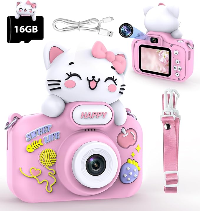Kids Camera for Girls Age 3-8, Selfie Digital Camera for Kids, Children Toddler Camera for Chritmas Birthday Festival Gifts with Cute Protective Cat Case & 16GB TF Card, Pink