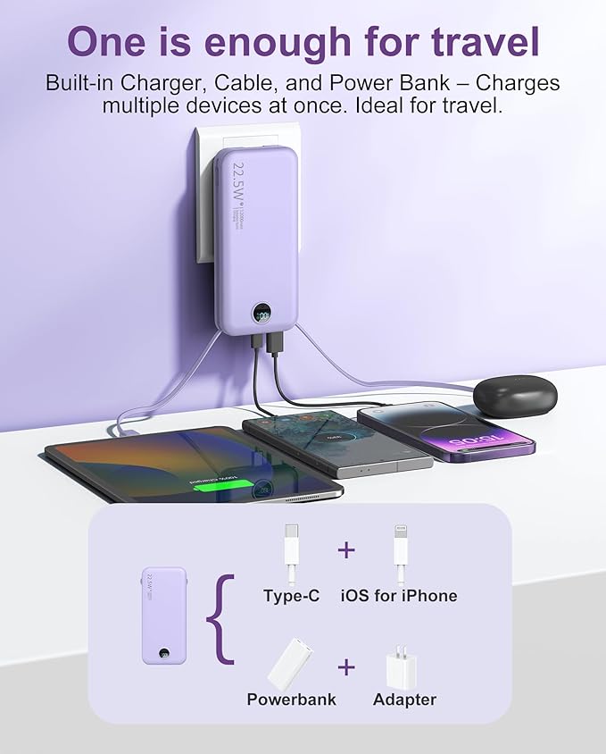 Portable Charger, 12000mAh 22.5W USB C Fast Charging Power Bank with Built-in Cables and AC Wall Plug, Smart LED Display Travel Essentials Battery Pack Compatible with iPhone, iPad, Samsung etc Purple