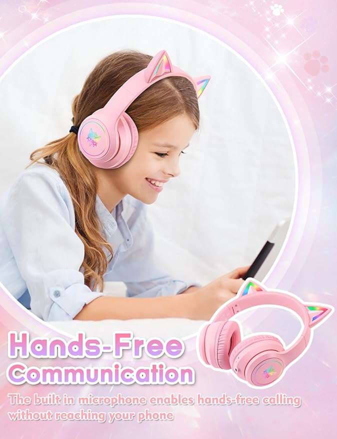 Bluetooth Kids Headphones with Microphone, Cat Ear LED Light Up and 85dB Volume Limiting Toddlers Study Headphones, Wireless Foldable HI-FI sound Over-Ear School Headphones for iPhone/iPad/Laptop/PC