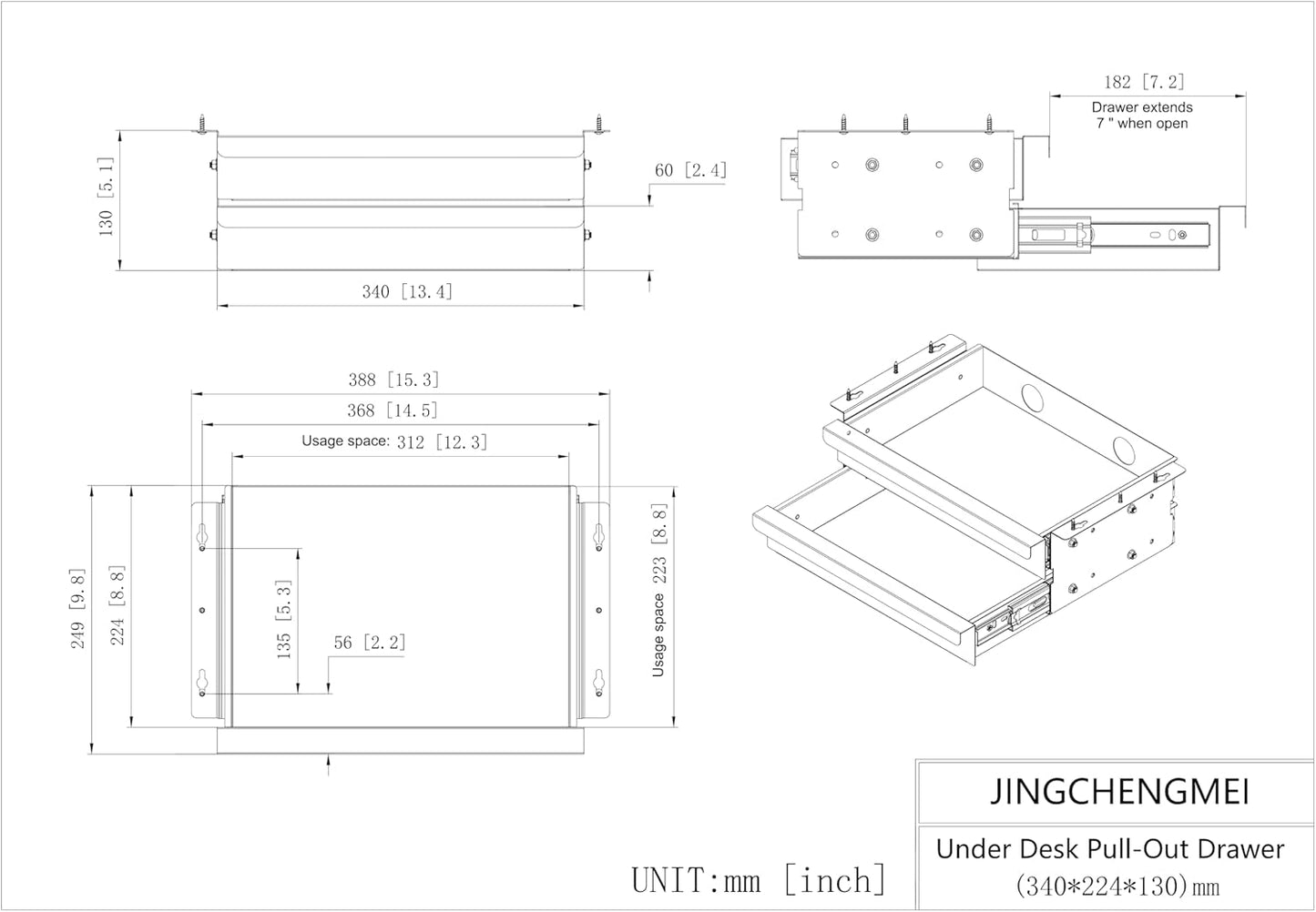 Dual Tier Under Desk Mounted Sliding Pull-out Drawer, 2 Layers W 15.3" x D 9.8" x H 5.1" Storage Organizer for Sit Stand Workstation, Metal, Black (2TierMedium)