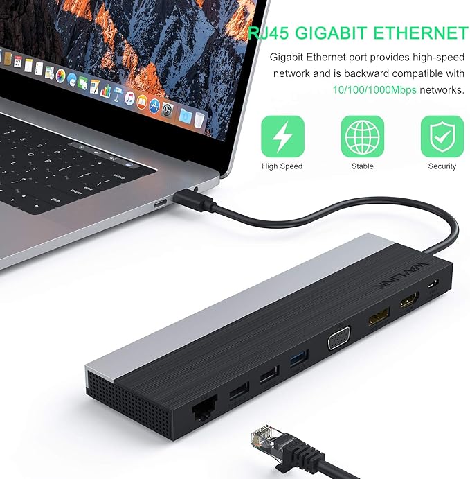 WAVLINK 12-in-1 USB C Docking Station, Triple Display Type C Hub Multiport Adapter with HDMI, DisplayPort, VGA, Ethernet, USB-C 100W PD3.0 Charging, USB3.0, USB2.0, SD/TF Card Reader, Audio- UMD03