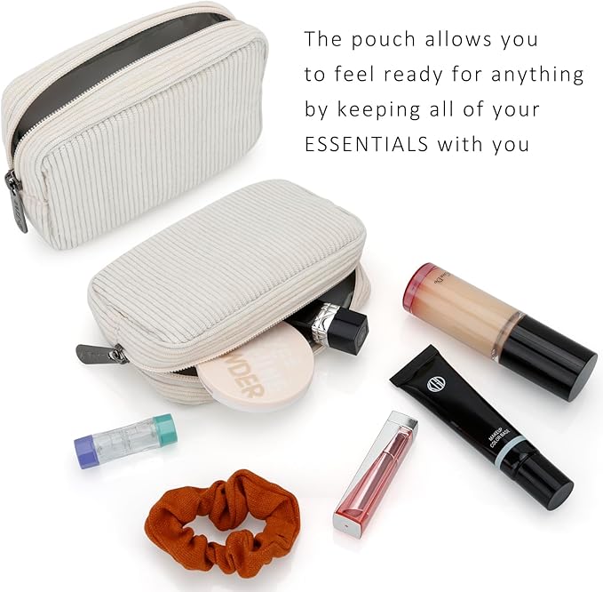 E-Tree Cute Small Makeup Bag,Cosmetic Toiletry Make up Little Items Pouch for Purse,Zipper Mini Tech Charger Cable Electronic Organizer Case,Travel Accessories for Women Men Teen,White Corduroy