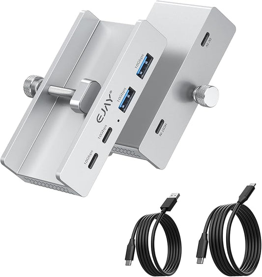 EJAY 4Ports 10Gbps USB-C HUB USB3.2 Clamp USB HUB Splitter,Mountable USB-C Adapter with Data & Power Cable for iMac 2021 and later-10Gbps(JK-2A2C-SV)