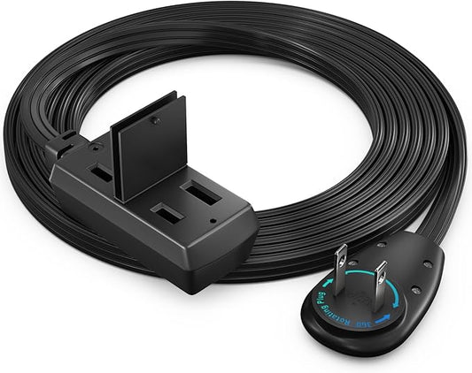 Maximm 6 Ft Extension Cord, 2 Prong, 360° Rotating Flat Plug, UL Certified, Black – Space-Saving Indoor Power Cord for Tight Spaces, Polarized