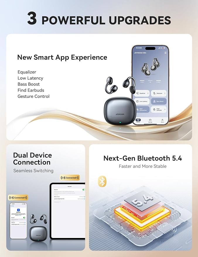 JOYROOM OE3 Clip-On Earbuds, Wireless Open Ear Earbuds Headphones with Auto L-R Recognition, Omni Tap Control, Immersive Sound, and Ultra-Light 4.9g Fit, Comfortable for Workouts and Daily Use（Black）