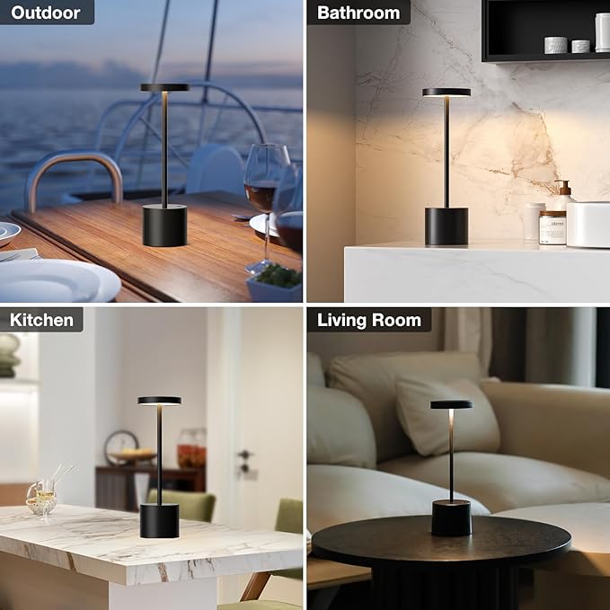 Cordless Table Lamp, 4000mAh Rechargeable Battery Powered Lamps, 3 Color Stepless Dimming, LED Wireless Outdoor Lamps for Dining Room, Bedroom, Bar, Cafe, Restaurant, Patio, Camping, Set of 2- Black