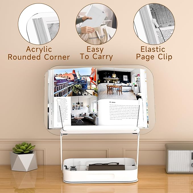 ASIEIT Book Stand for Reading, Adjustable Book Holder with 360° Rotating Bases & Elastic Page Clips, Foldable Desktop Riser with Storage, Display Stand for Bible, Laptop, Recipe, Textbook