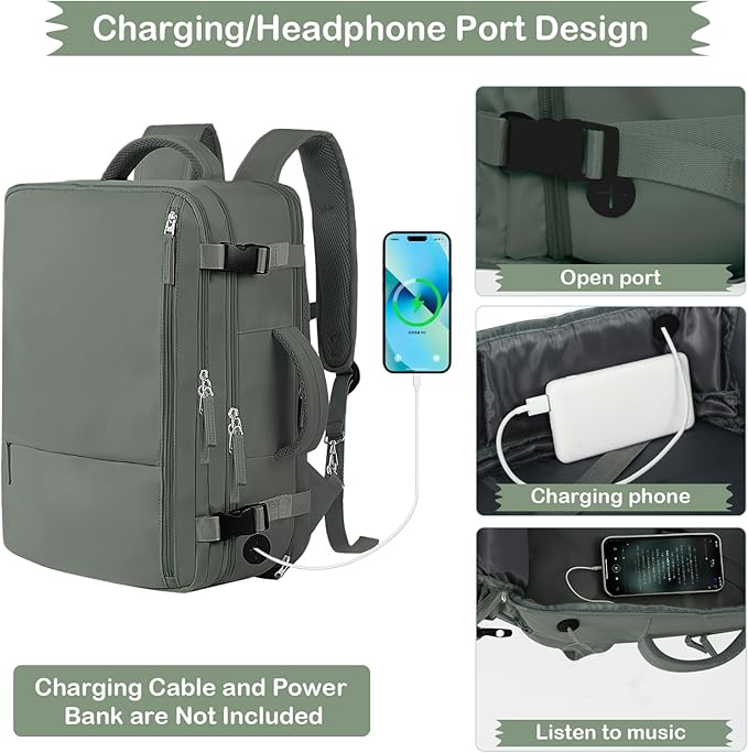 Hanples Extra Large Travel Backpack for Women as Person Item Flight Approved, 40L Carry On Backpack, 17 Inch Laptop Waterproof Hiking Casual Bag(Olive Green)