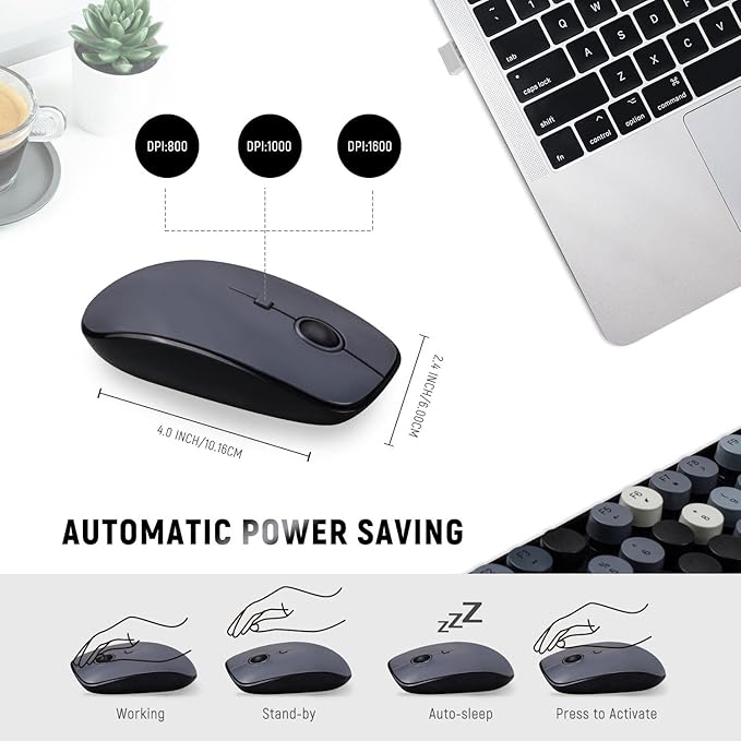 LETTON Wireless Keyboard Mouse Combo, 2.4GHz Typewriter Keyboard Wireless, Colorful Full Size Office Computer Retro Keyboard and Cute Mouse with 3 DPI for Mac PC Desktop Laptop-Black Grey