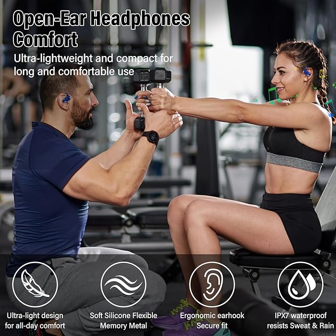Open Ear Headphones, Bluetooth 5.4 Earphones 36H Playtime Air Conduction Headphones with Mic, Adjustable Earhook Earbuds with ENC Clear Calls/LED Display, IPX7 Waterproof Open Ear Earbuds, Blue