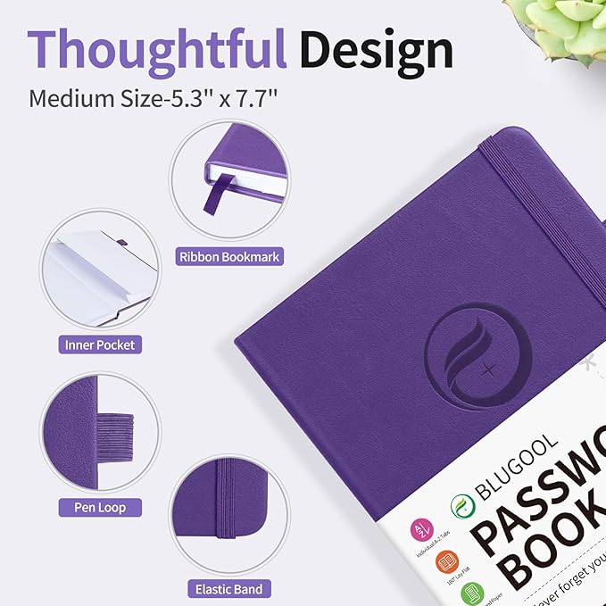 Password Book with Alphabetical Tabs, Password Keeper Book for Seniors, Hardcover Password Notebook for Individual & Colorful Tabs, Password Organizer for Website Logins, 5.3" x 7.7", Purple