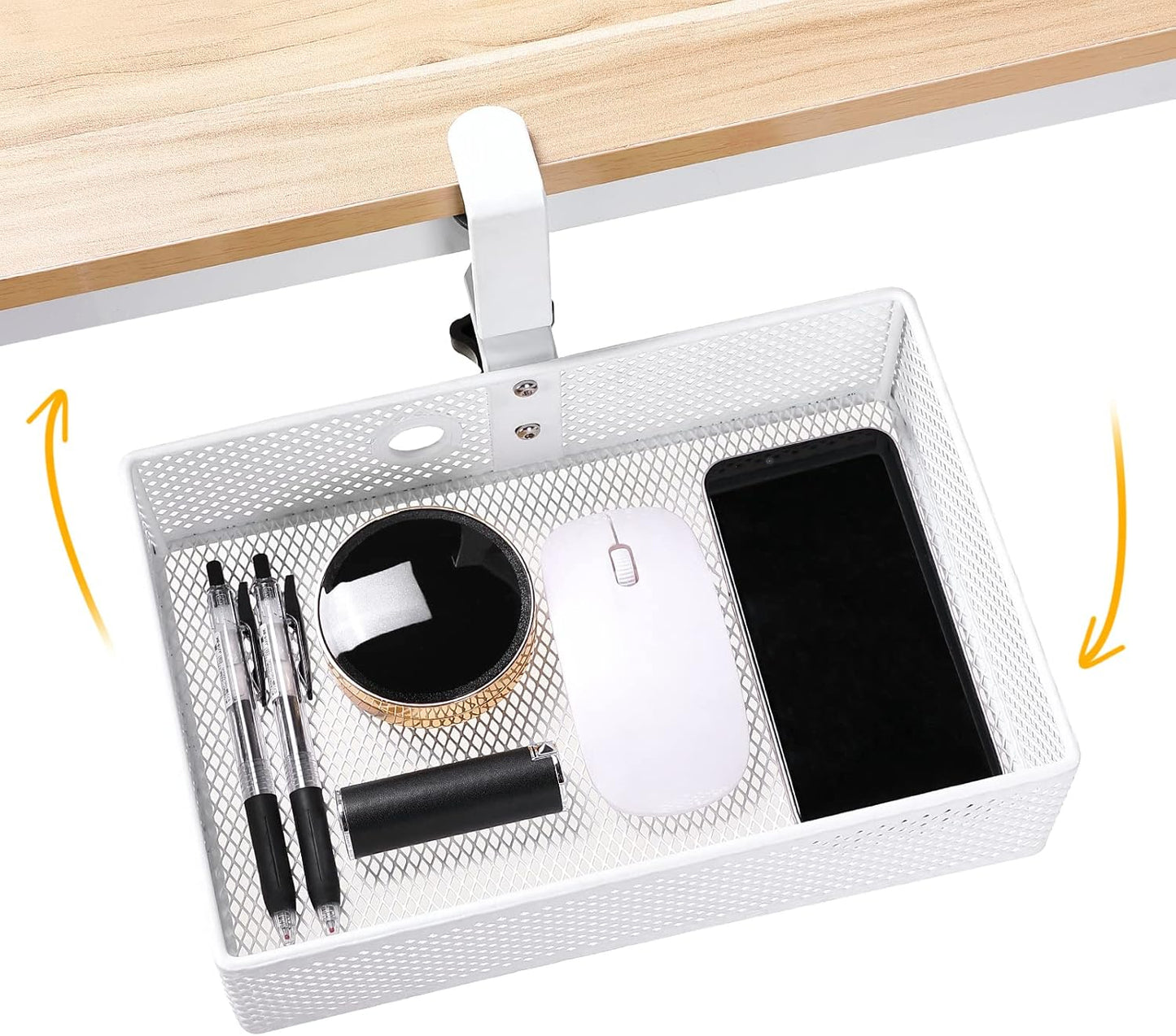 Mesh Desk Organizer and Clamp-on Swivel Pencil Drawer, Desk Hidden Desk Organizer Extra Sturdy C-Clamp Mount System and Easy to Instal, Home Office Art Supply Storage Box (White)
