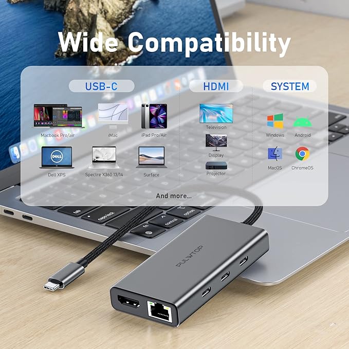 USB C Hub 10Gbps, PULWTOP USB 3.2 Adapter with 3 USB-C 3.2 Ports, 4K 60Hz HDMI, Ethernet, 100W PD in, High Speed Multiport Splitter for MacBook Pro, MacBook Air, Dell and More