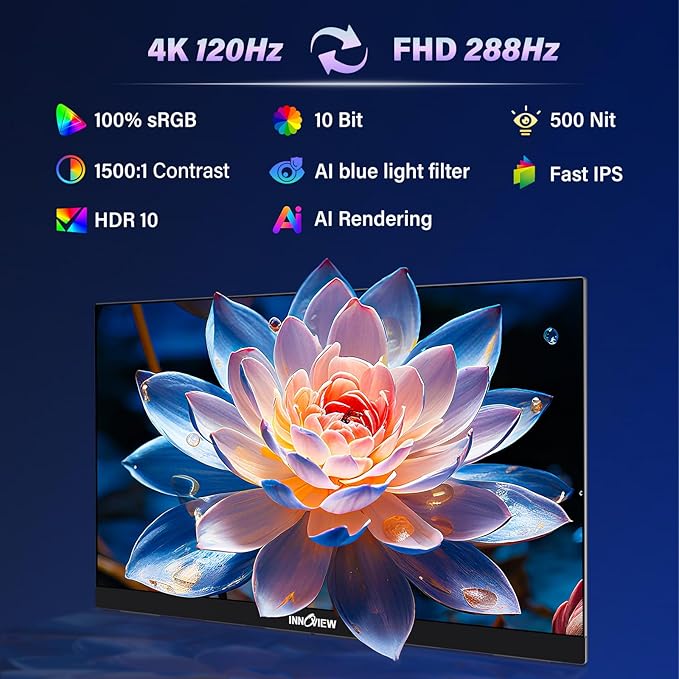 InnoView 27 Inch Monitor Dual Mode 4K UHD 120Hz/FHD 288Hz Portable Monitor for Laptop, USB-C, HDMI Computer Display HDR IPS Gaming Monitor, Kickstand, Speakers, for PC, MAC, Phone, PS4, Xbox, Switch