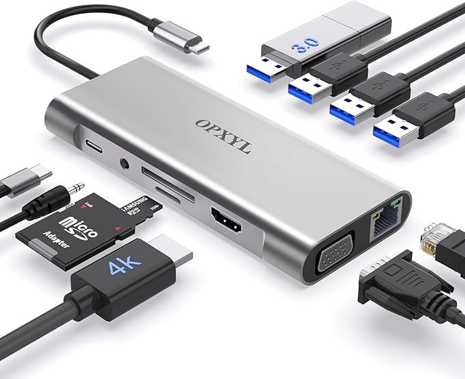 11-in-1 USB C Hub Multiport Adapter, USB C Docking Station with 4K HDMI, VGA 1080P, 100W PD, Ethernet, SD/TF, Audio, USB 3.0 Port, Laptop Dock for MacBook Pro/Air, iPad, Windows