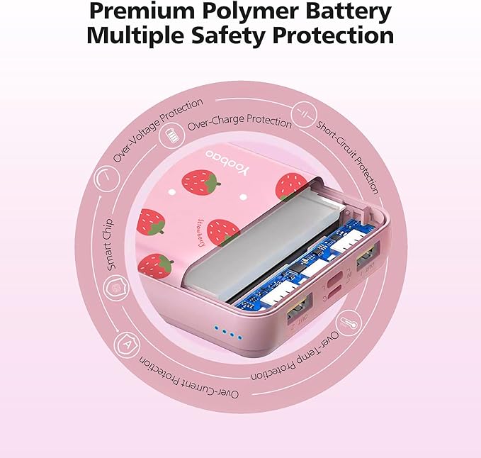 Yoobao Portable Charger 10000mAh, Cute Power Bank USB-C for Girls Travel, 2 Outputs & 2 Inputs (5V/2.1A), Mini Phone Battery Pack for iPhone 11/12/13/iPad/Android (Strawberry)