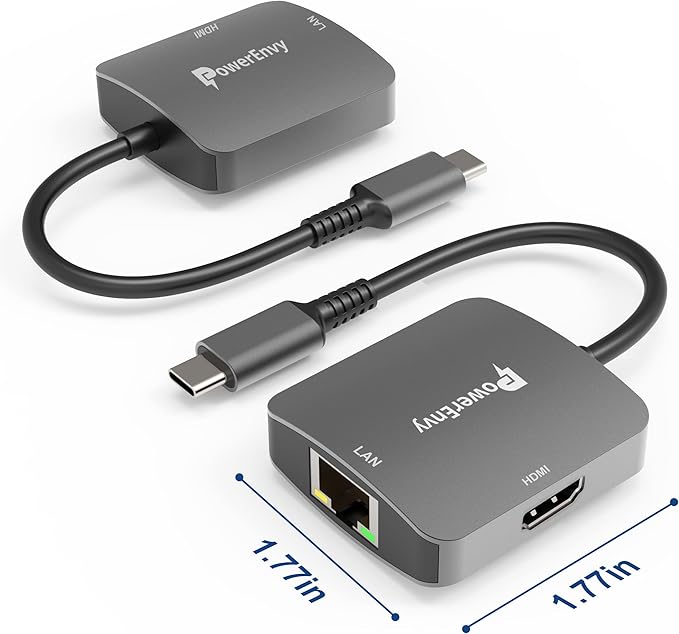 USB-C to HDMI & Ethernet Cable Hub Adapter by PowerEnvy - 4K HDMI, Ethernet 100M LAN, Aluminum Portable Type-C Hub for MacBook Pro/Air, iPad Pro, XPS, MateBook & More