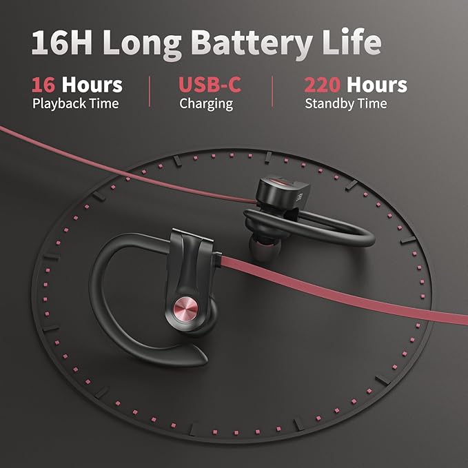 JOYWISE Wireless Bluetooth 5.3 Wireless Headphones with 16Hrs Long Battery, Stereo IPX7 Waterproof in-Ear Earphones, Noise Cancelling Headphones for Running, Black&Pink
