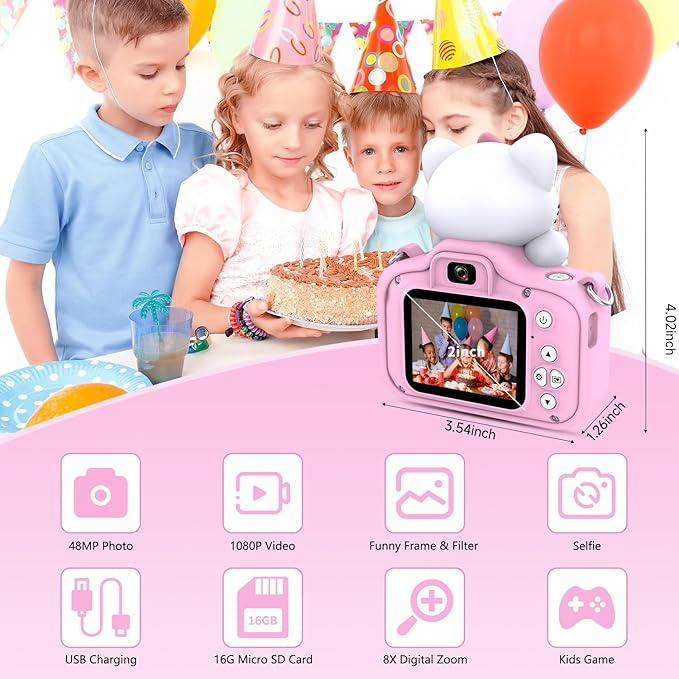 Kids Camera for Boys and Girls, 1080P Toddler Camera with 2" LCD Screen, 8X Digital Zoom, Cute Cat Silicon Case, Includes 16GB SD Card, Ideal Gift for Children Ages 3–12