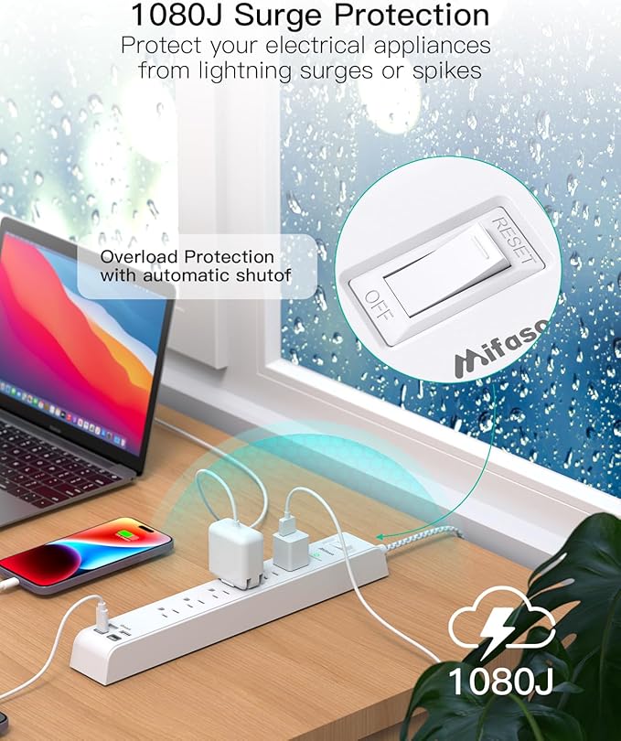 2 Pack Power Strip, 12FT Long Extension Cord, Surge Protector with 6 Outlets and 4 USB Ports (2 USB C), Flat Plug Overload Protection, Extension Cord 10+ ft, Wall Mount for Home Office Dorm College