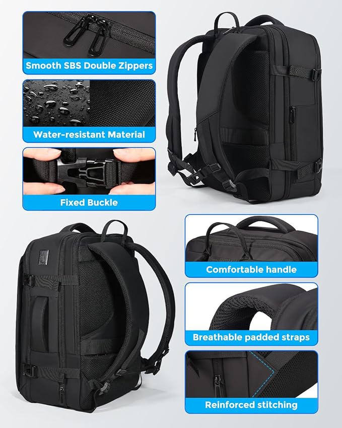 Travel Backpack for Men, Flight Approved Carry On Luggage Backpack with USB Port, Water Resistant Expandable Computer Daypack, 17.3 Inch Black Business Laptop Backpack for College/Work