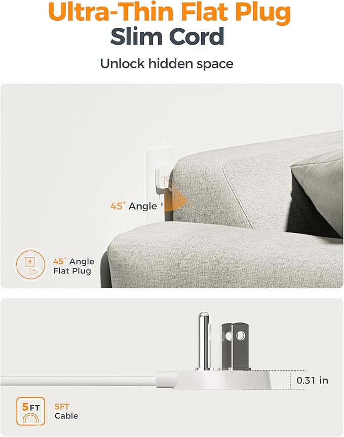 TESSAN Flat Plug Extension Cord 5 FT, Surge Protector Power Strip with 4 AC Outlets 1 USB C and 2 USB A Ports, 900 Joules Protection, Multiple Wall Outlet Extender Suitable for Home Office Dorm