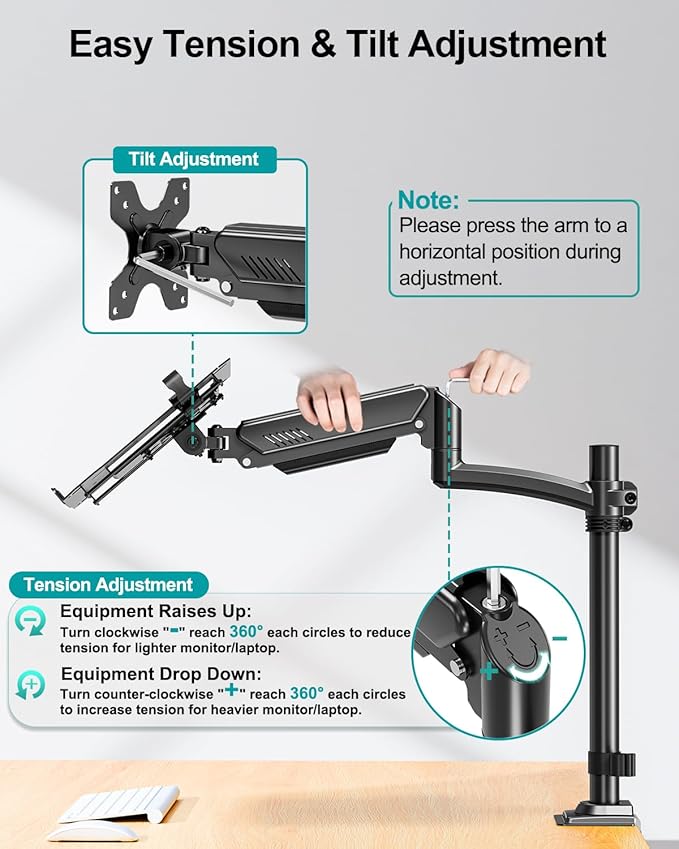 MOUNT PRO Laptop Arm Desk Mount, Single Monitor Stand with VESA Laptop Tray, Adjustable Lap Top Holder for Max 22lbs 17" Notebook & 32" Computer Screen, Swivel Notebook Bracket, Clamp on/Grommet Base