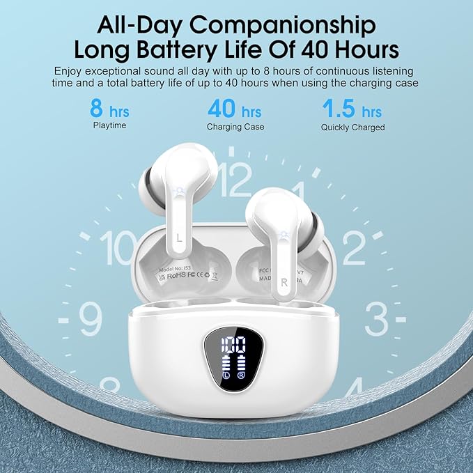 Wireless Earbuds, Bluetooth 5.4 Headphones HiFi Stereo, Bluetooth Earbuds with ENC Noise Cancelling Mic, IP7 Waterproof in Ear Earphones, 48H, LED Display Ear buds for Pad Phones Workout Sports, White
