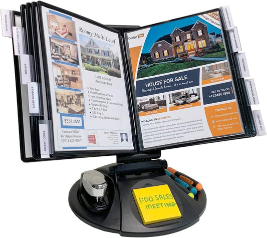 Ultimate Office AdjustaView 10-Pocket Desk Reference Organizer with Supplies Storage Base and EZ-LOAD Pockets to Hold 20 Sheets of Paper, Includes Fast Find Indexing Tabs, Black Pockets