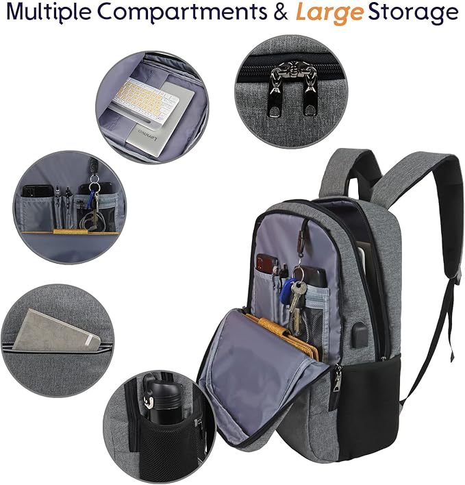 Laptop Backpack for Men Women, Travel Business Backpack with USB Charging Port and Anti Theft Pocket, Fits 17 Inch Laptop,Grey