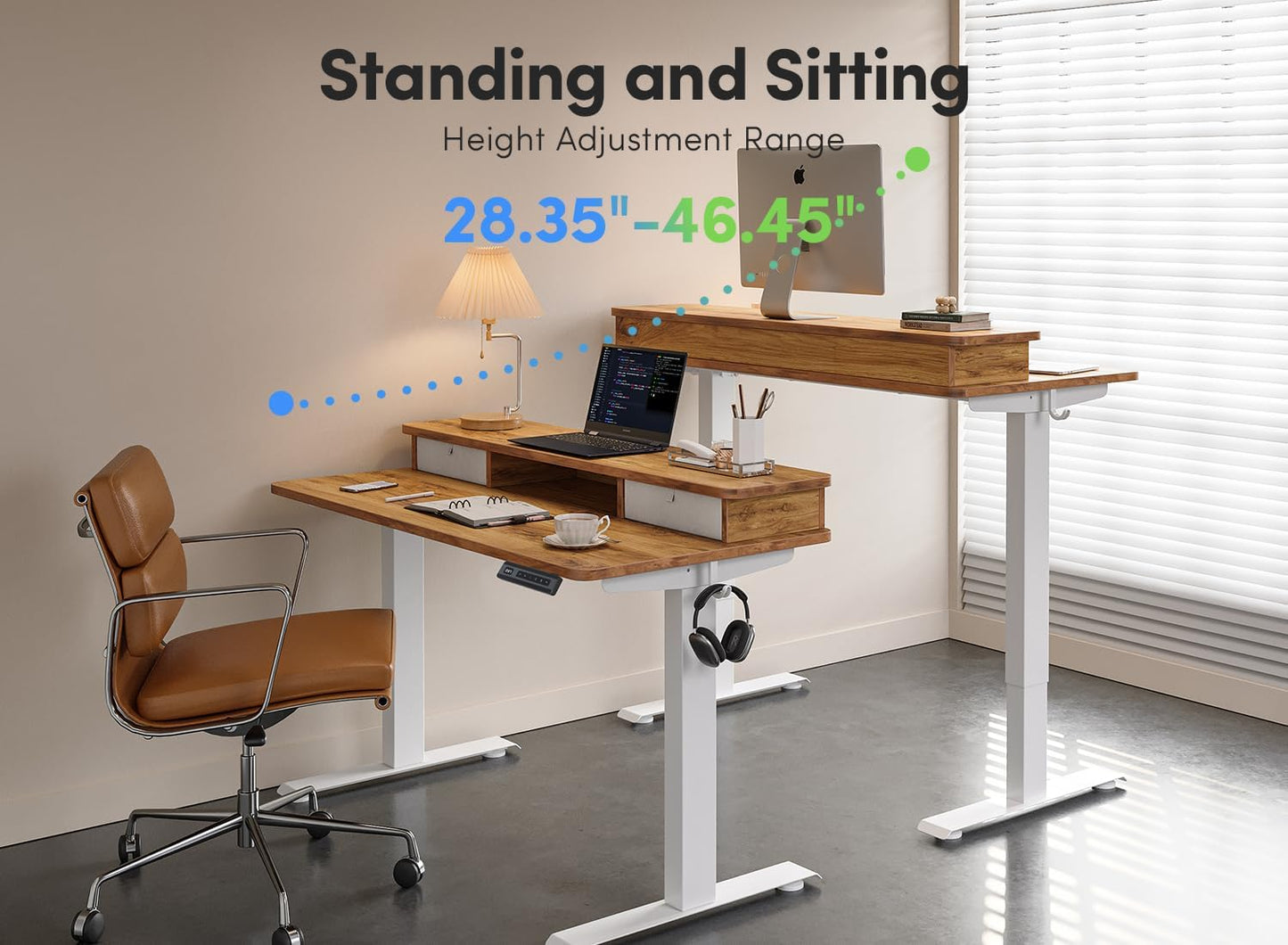 FEZIBO 40 x 24 Inch Height Adjustable Electric Standing Desk with Double Drawer, Computer Desk, Home Office Stand Up Table with 4 Height-Adjustable Feets & 2 Hooks, Light Rustic