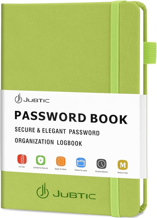 JUBTIC Password Book with Alphabetical Tabs Medium Size Password Keeper Logbook for Internet Log in Website Address Detail. Hardcover Password Notebook Journal & Organizer for Home Office, Green