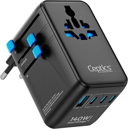Ceptics 6 in 1 International Power Adapter with PD 140W USB-C, 1x USB-A, 3X Type C, Universal Input and 1x USA/JP Input with Type A, C, G, I Plug outlets for Global Travel – CE & RoHS Certified