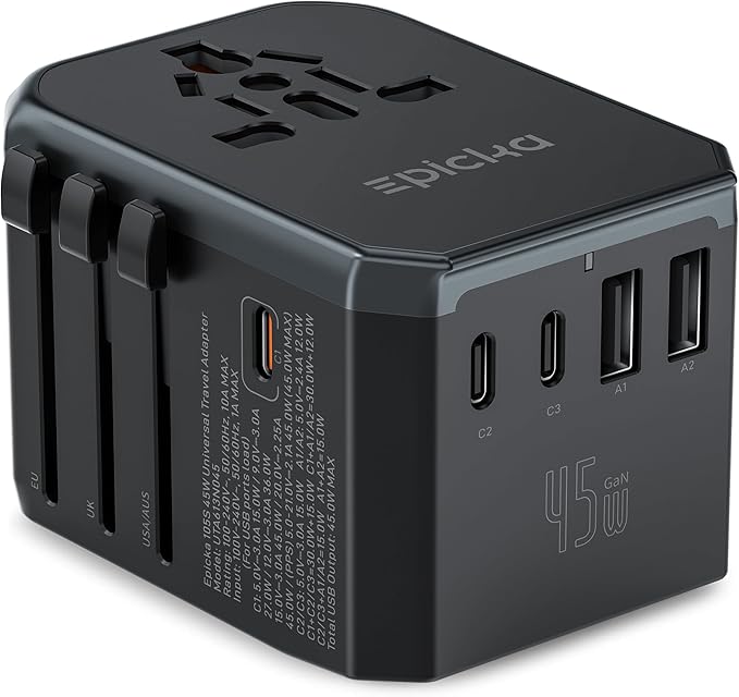 EPICKA GaN 45W Universal Travel Adapter, European Travel Plug Adapter with PD&QC Fast Charging(2 USB-A & 3 USB-C Ports) - Worldwide Travel Essentials, International Power Adapter for UK/US/AU (Black)