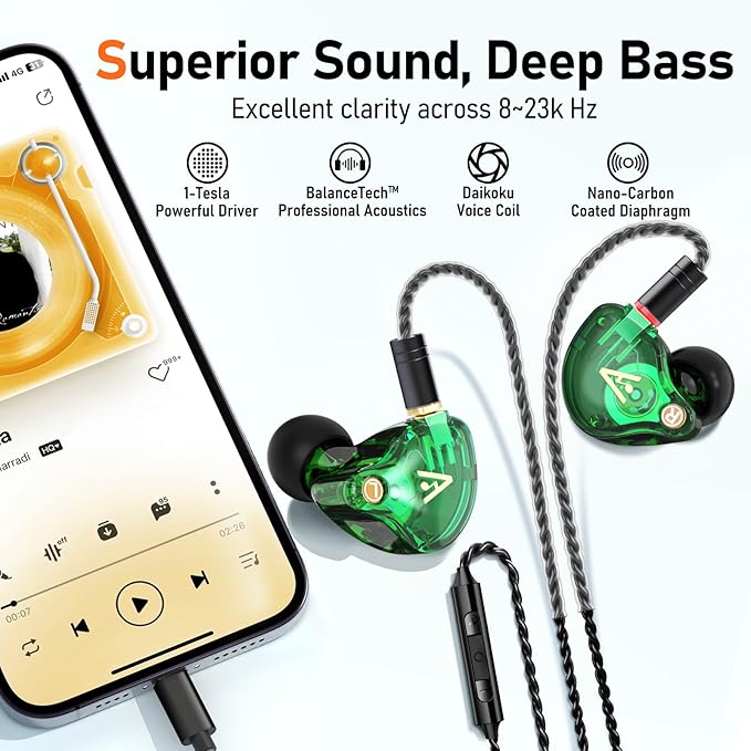 Vibes 202 Wired Earbuds, HiFi in Ear Monitor Headphones, Noise Isolating Ear Buds w/Mic, Deep Bass & Comfort-Fit Earphones, Silver Plated Cord, Carrying Case, Lightning, Green