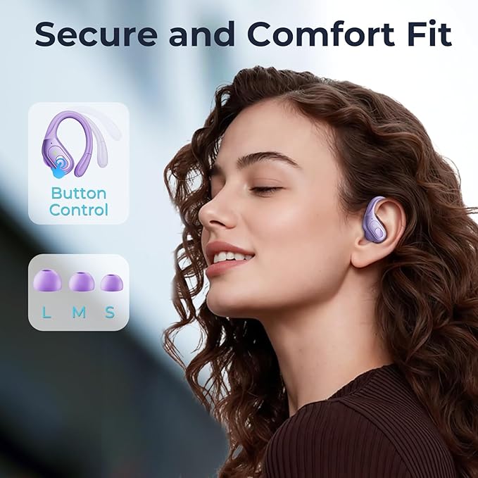 occiam Active Noise Cancelling Earbuds Wireless Bluetooth Headphones Ear Buds 90Hrs Playback Stereo Bass Earphones with Mic Over-Ear Hooks IPX7 Waterproof Headset for Work Sports Running Gym Purple