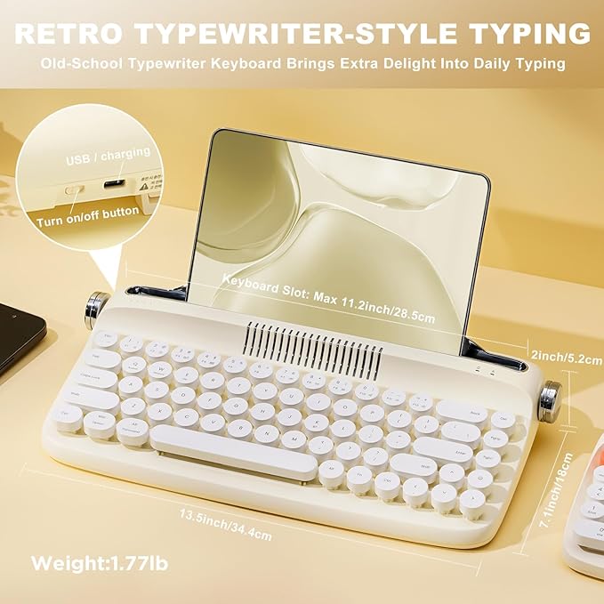 YUNZII Upgraded Wireless Typewriter Keyboard, Retro Aesthetic with Integrated Stand,Cute Round Keycaps, USB-C/Bluetooth Connection for Table, Phone, PC and Win/Mac/Android (B307, Ivory Butter)